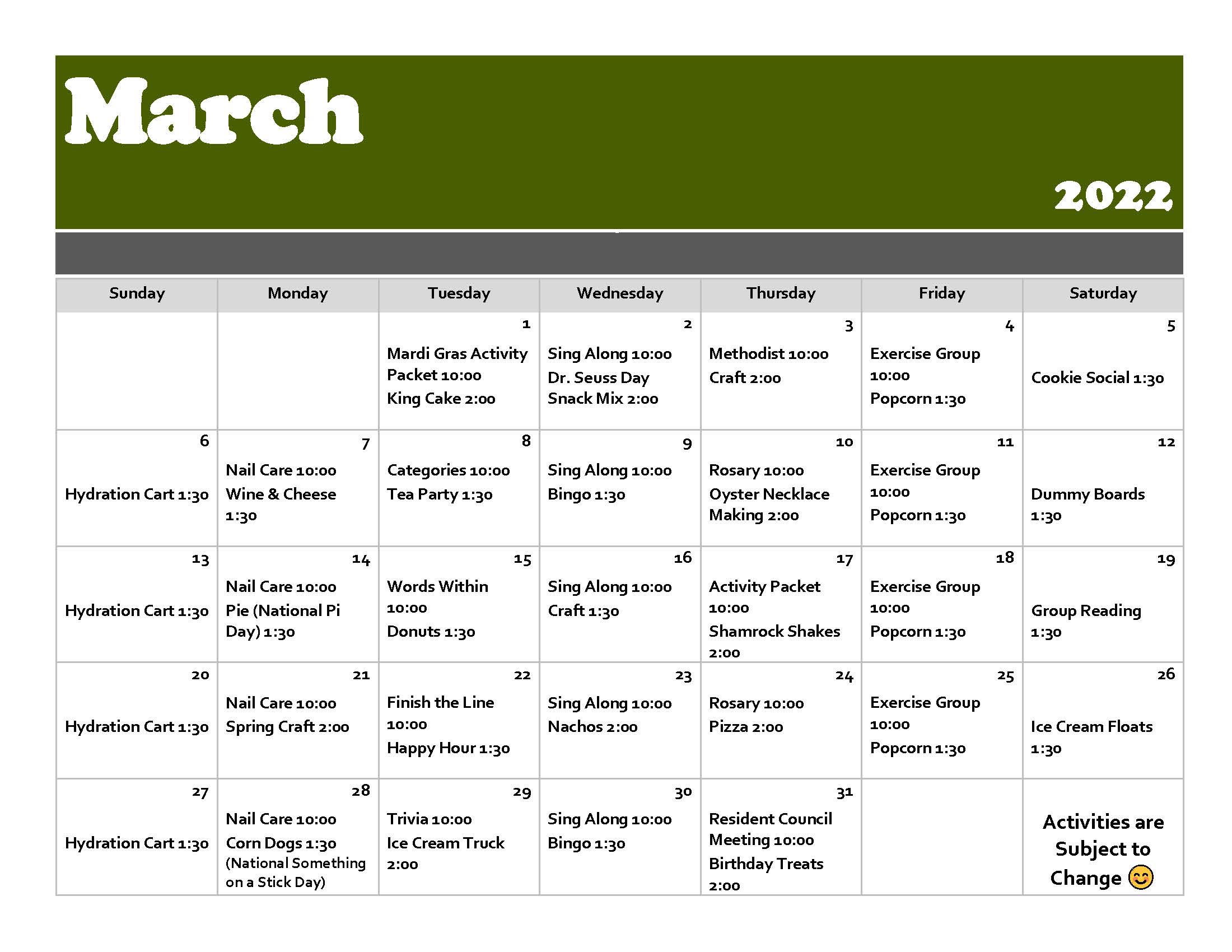 March Activity Calendar Rose Haven Nursing Home